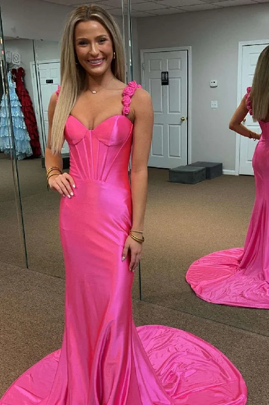 Closeout Sale Hot Pink Straps Satin Mermaid Prom Dress with Flowers