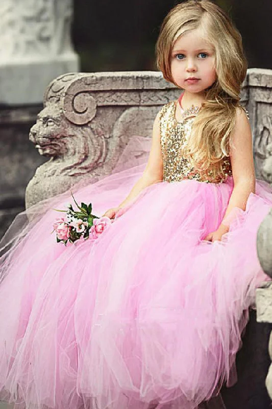Final Clearance Ball Gown Pink Sequins Long Flower Girl Dress