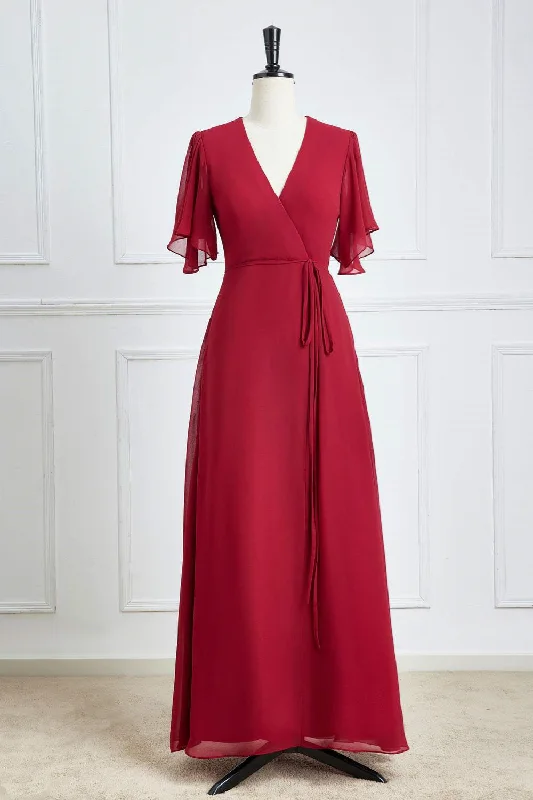 Mega Sale Surplice Neck Wine Red Flutter Sleeves Chiffon Bridesmaid Dress