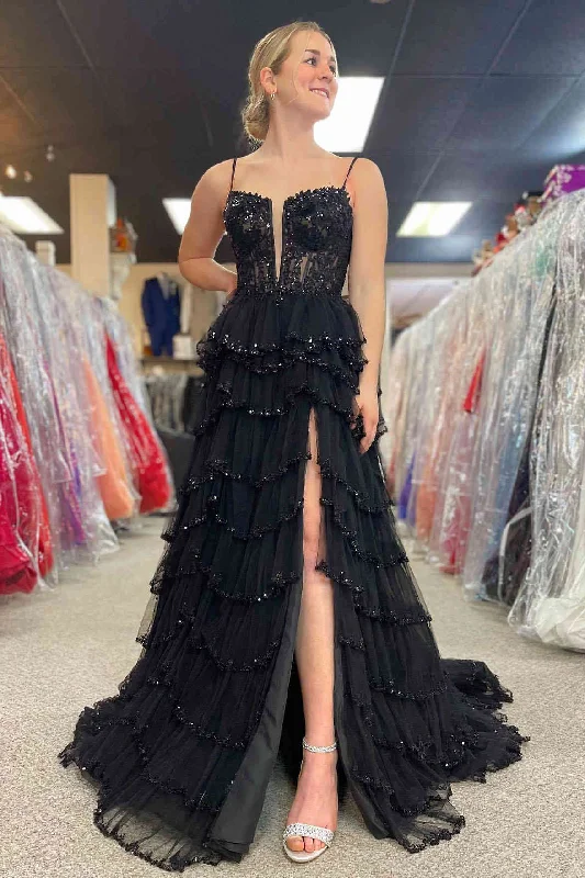 Quick Sale Straps Black Mesh Cutout Sequined Layered Long Prom Dress