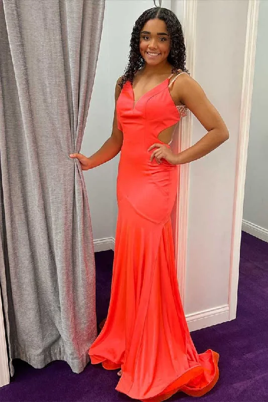 Early Access Criss Cross Straps Coral Long Prom Dress