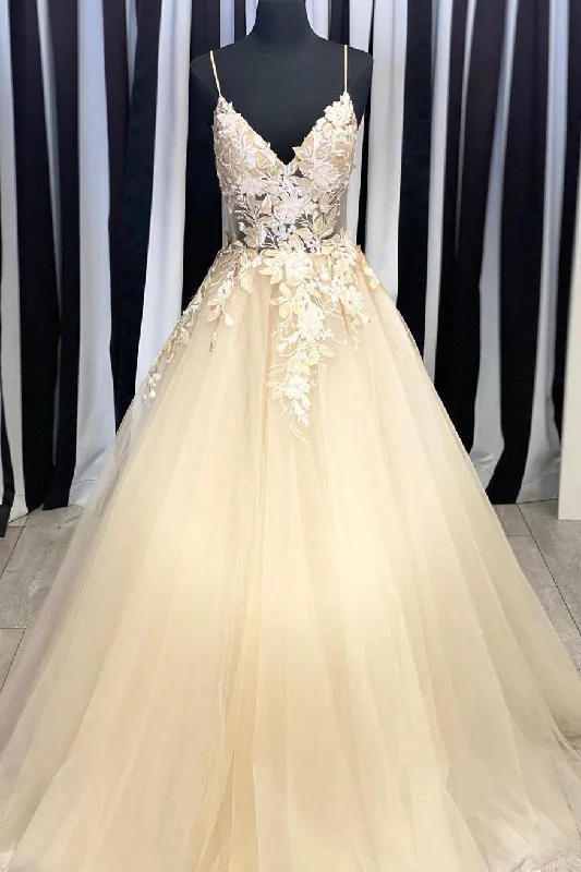 Price Reduction Elegant V Neck Lace Appliques Champagne Long Prom Dress