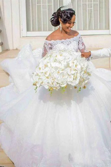 Weekend Deal Princess Long Off Shoulder A-line White Wedding Dress with Appliques