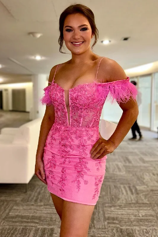 Today’s Deal Hot Pink Feathered Cold Sleeves Applique Short Homecoming Dress