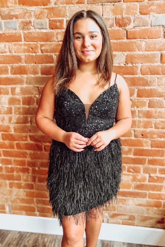 Price Meltdown Straps Black Beaded Tight Homecoming Dress with Feathers