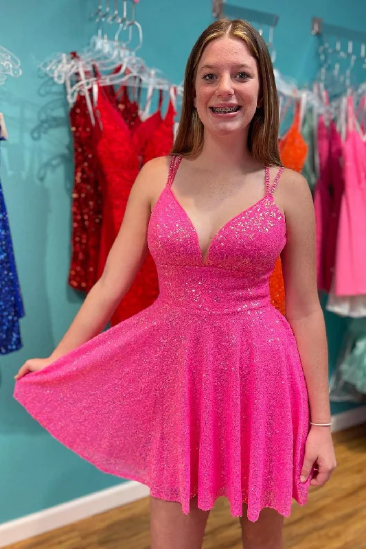Lowest Price A-Line Double Straps Hot Pink Sequins Short Party Dress
