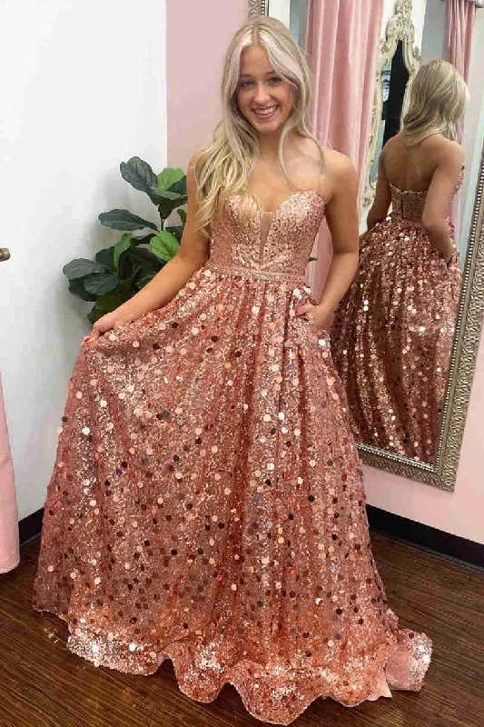 Best Seller Sweetheart Rose Gold Sequins A-Line Prom Dress
