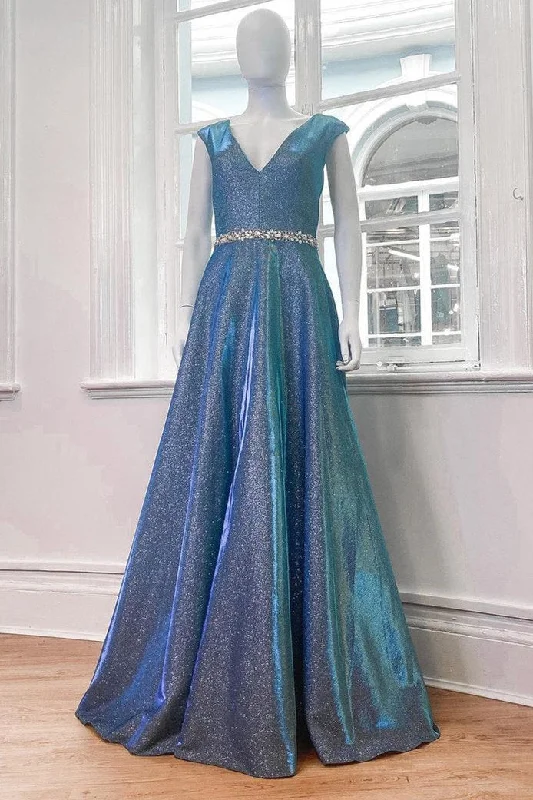 Special Price Sparkle V-Neck Sleeveless Long Prom Dress with Beaded Belt