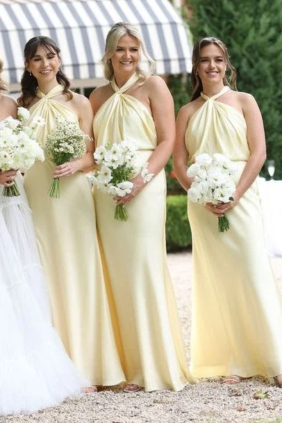 Epic Deals Yellow Halter Long Bridesmaid Dress with Twist Knot