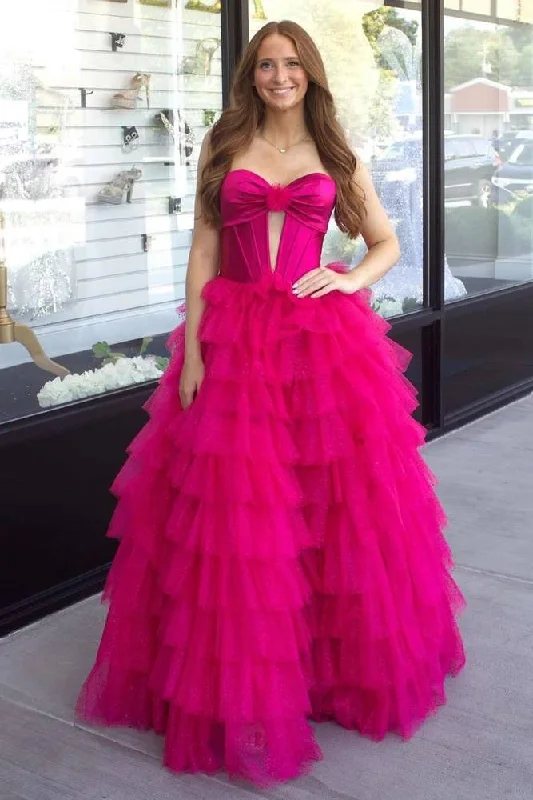 Warehouse Sale Fuchsia Strapless Keyhole Layered Tulle Prom Dress