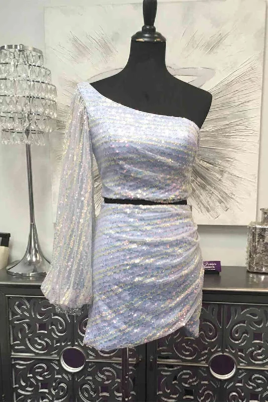 Customer Appreciation Sale Long Sleeve White Sequined Two Piece Homecoming Dress