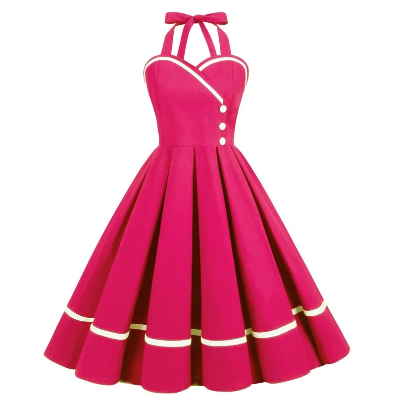 One-DAY Sale A-Line Hot Pink Halter 1950s Dress