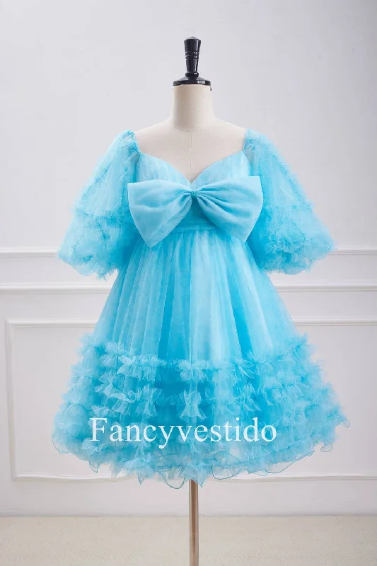 Can't Miss Blue Balloon Sleeves Ruffles Babydoll Homecoming Dress with Bow