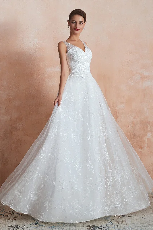 Daily Specials Long V-Neck A-line Empire White Wedding Dress with Lace