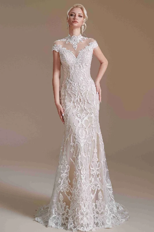 Reduced Prices Elegant Mermaid Ivory High Neck Lace Wedding Dress with Train