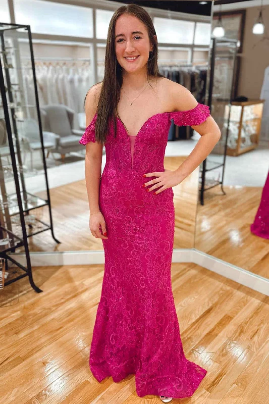 Buy Now Magenta Off the Shoulder Mermaid Lace Prom Dress