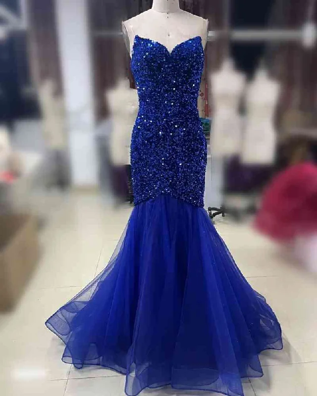 Overstock Sale Strapless Royal Blue Glitters Long Mermaid Prom Dress