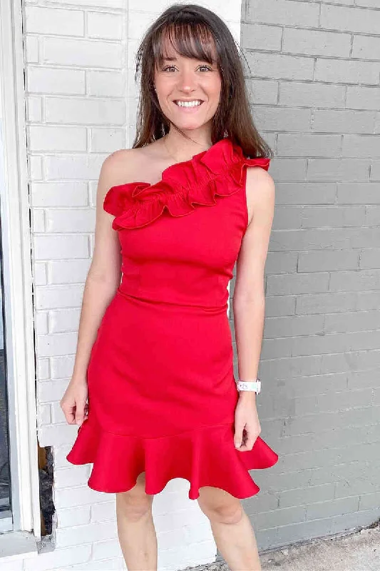 Stock Clearance Ruffle Shoulder Red Short Homecoming Dress