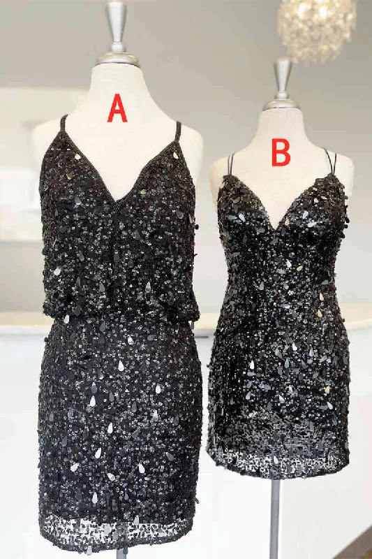Factory Direct Sale Tie Straps Balck Sequined Short Homecoming Dress
