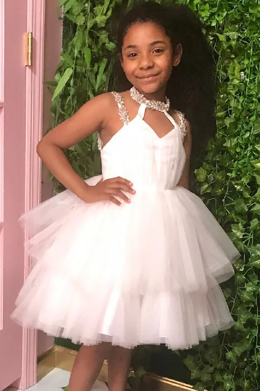 Can't Be Beat Beaded Straps Tiered White Flower Girl Dress
