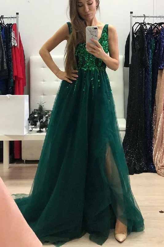 Customer Appreciation Sale Luxurious V Neck Green Long Formal Dress with Slit