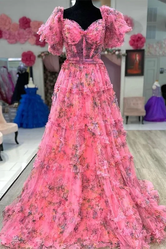 Deal of the Week Off the Shoulder Hot Pink Floral Print A-Line Long Prom Dress
