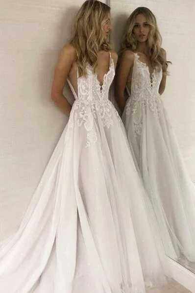 Midnight Madness Deep V-Neck Open Back Long White Wedding Dress with Lace