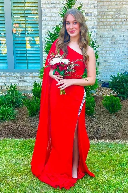 The Best Prices Asymmetrical One Shoulder Beaded Prom Dress with Cape
