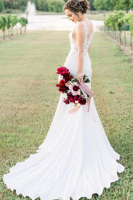Overstock Sale Princess Long V-Neck A-line White Wedding Dress with Lace Top