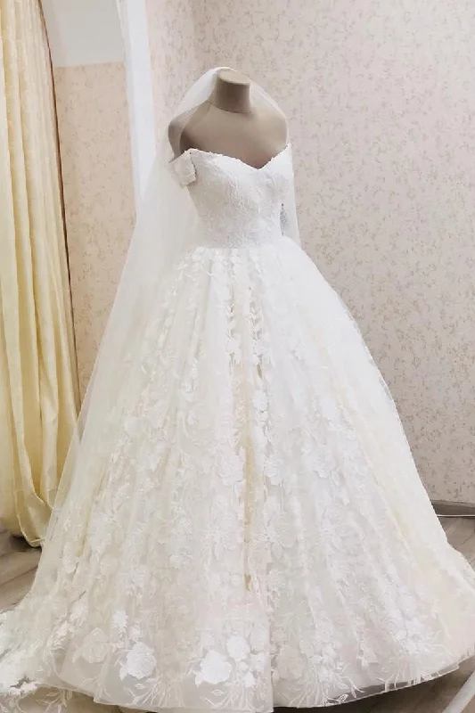 Anniversary Sale Princess Long Lace Off Shoulder A-line Ivory Wedding Dress