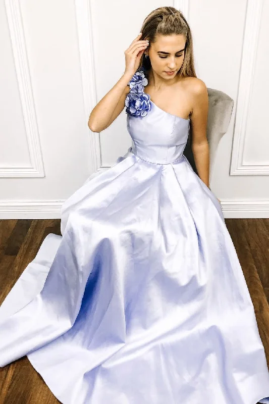 Quick Sale One Shoulder Flowers Light Purple Long Prom Dress