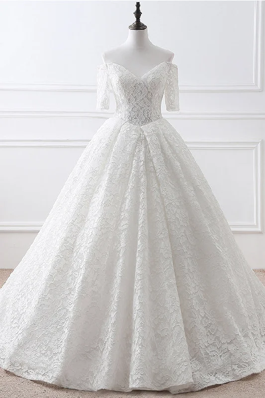 Quick Sale Long Lace-Up Back A-line White Wedding Dress with Sleeves