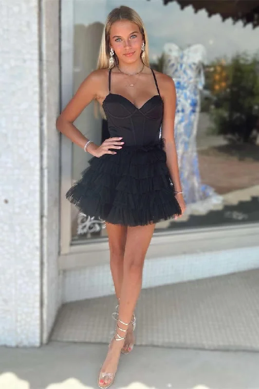 Don't Wait Straps Black Corset Tiered Short Party Dress