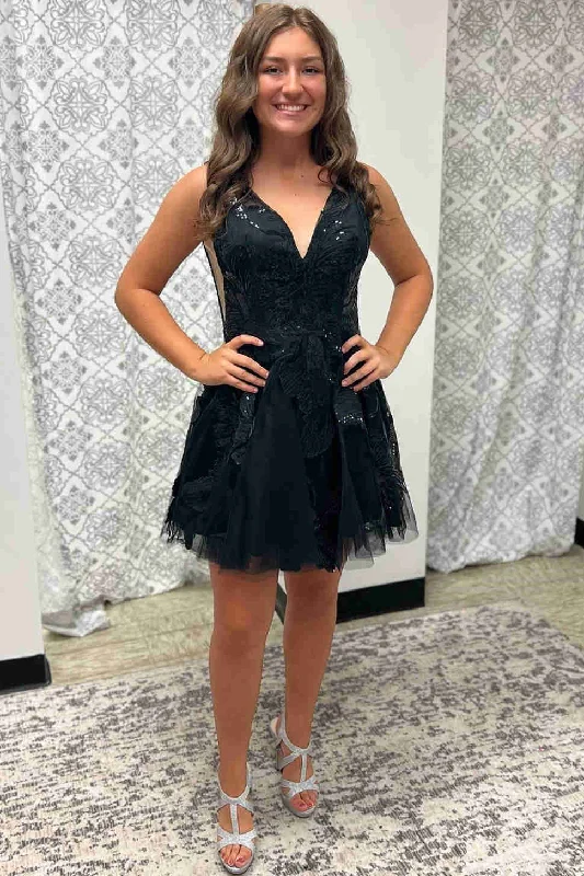 Final Clearance V-Neck Black Sequin Appliques Short Party Dress
