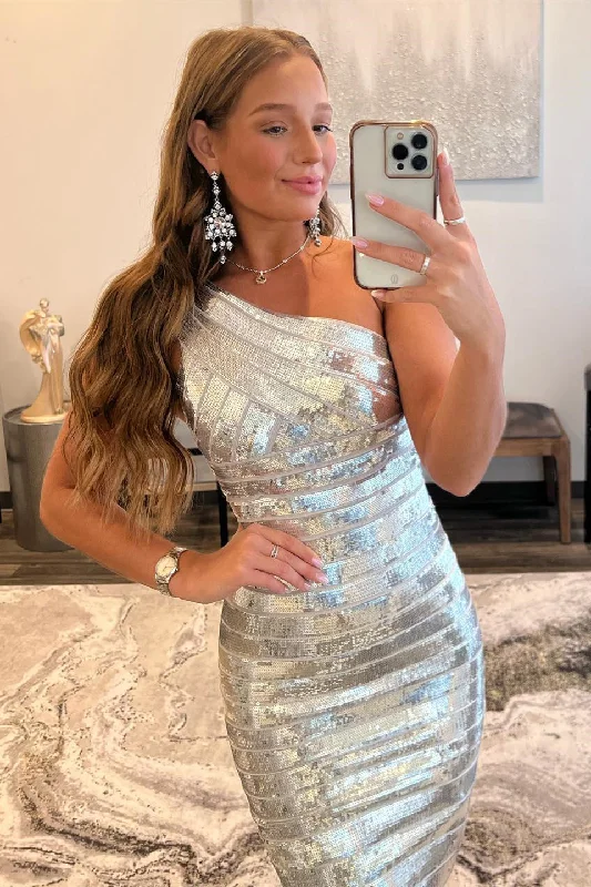 Daily Deals Silver One Shoulder Sequins Sheath Homecoming Dress