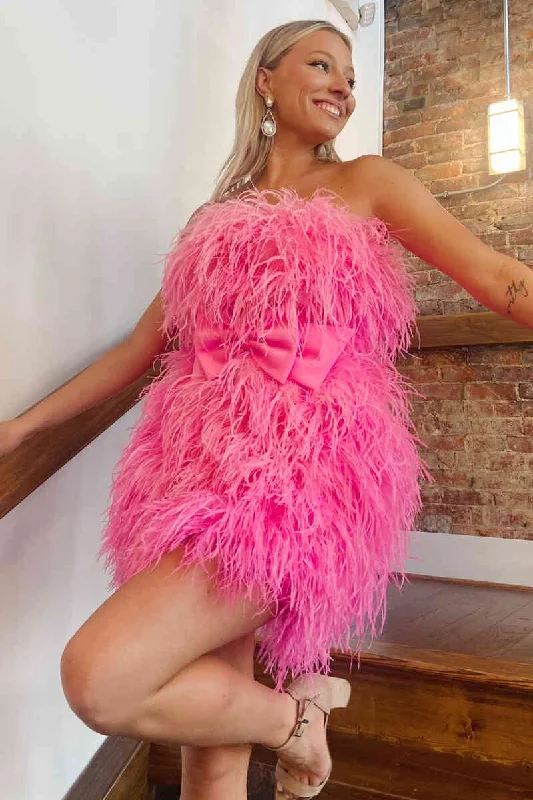 Clearance Event Strapless Hot Pink Feather Short Party Dress with Bow