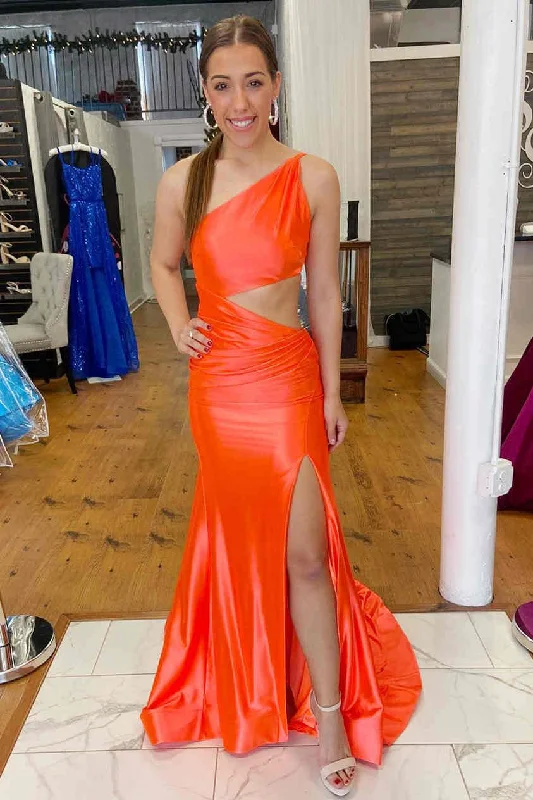 Midnight Sale Chic Orange One Shoulder Satin Prom Dress with Slit