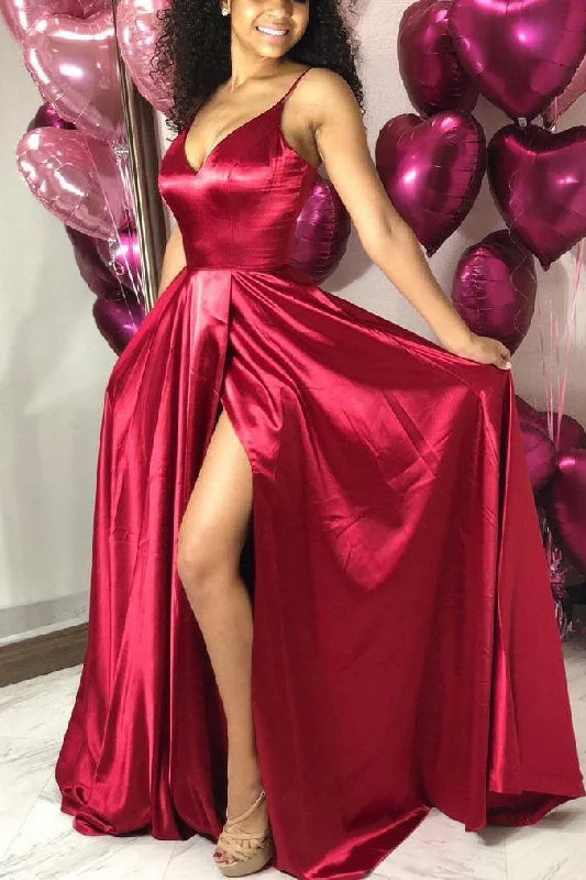 The Best Prices Simple V-Neck Red Long Prom Dress with Slit