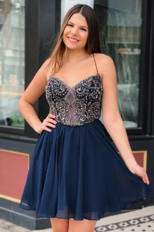 Season Finale Sale Plus Size Beading Chiffon Navy Blue Homecoming Dress