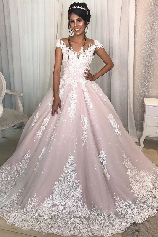 Savings Spectacular Princess Cap Sleeves A-line Long Pink Wedding Dress with Lace