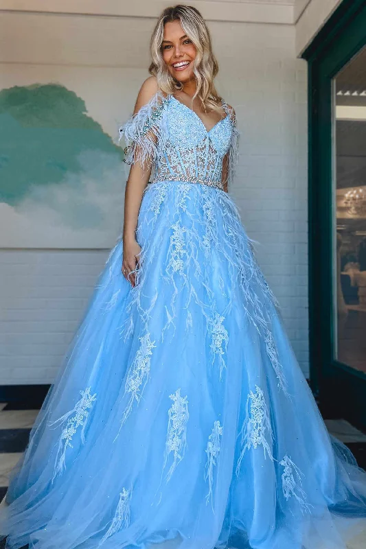 Huge Savings Cold Shoulder Light Blue Lace Corset Long Prom Dress with Feathers