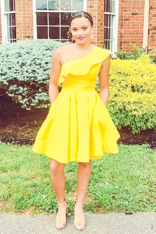 Now or Never One Shoulder Yellow Homecoming Dress with Ruffles