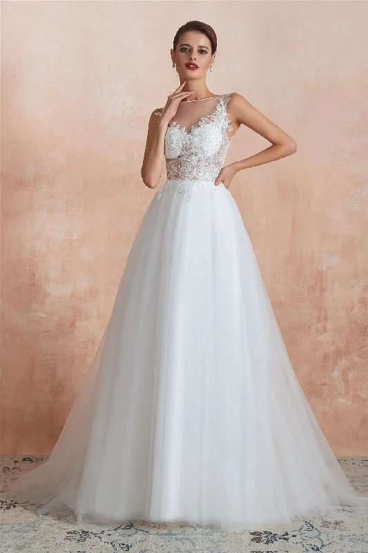 Closeout Princess Long A-line Sheer Back Floral White Wedding Dress with Sequins