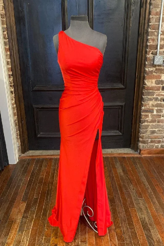 Deal Alert One Shoulder Satin Formal Dress with Slit