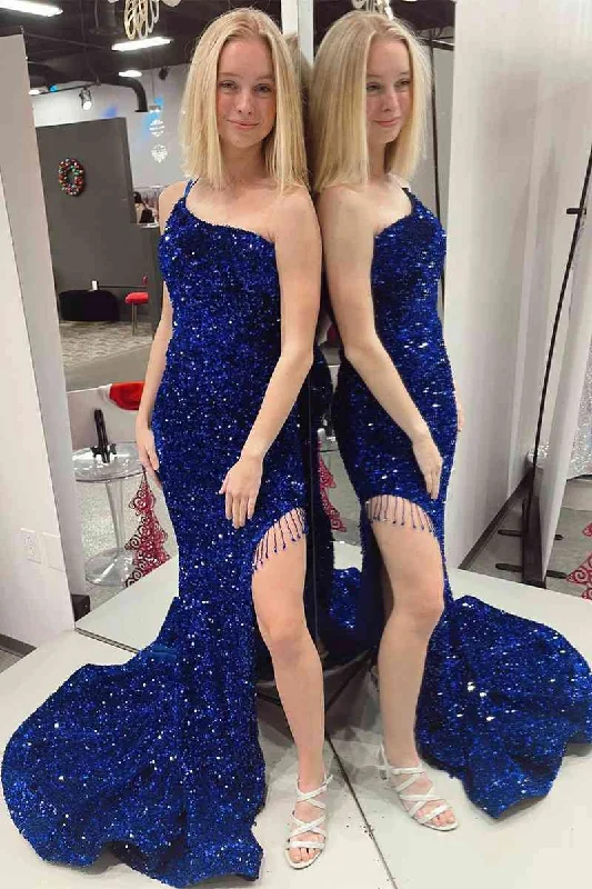 Final Markdown Blue One Shoulder Side Slit Long Prom Dress with Tassel