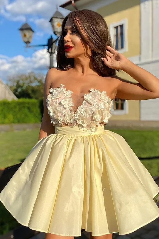 Deal Dash Cute Strapless Yellow Short Homecoming Dress with Flowers