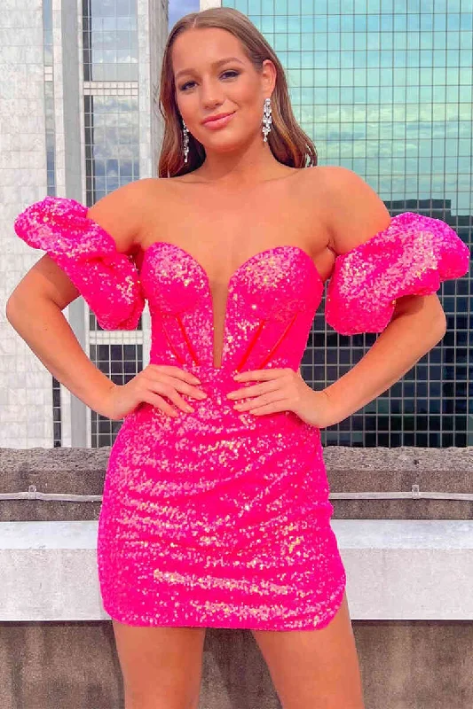 Act Now Sweetheart Puff Sleeves Hot Pink Tight Homecoming Dress