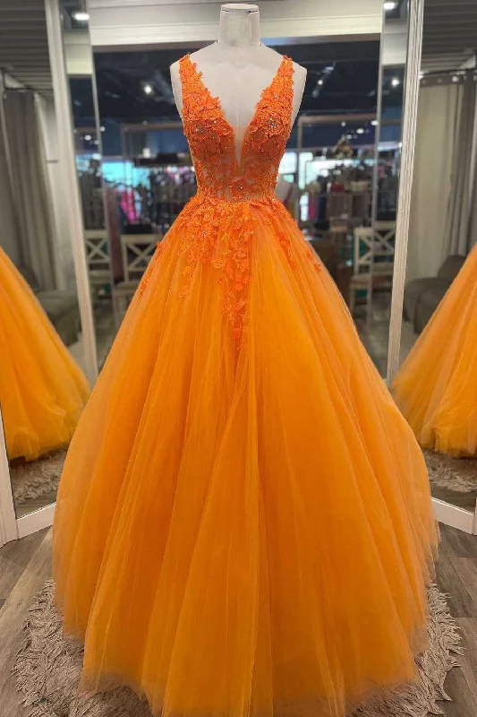 The Best Prices Gorgeous Orange V-Neck Floral Tulle Long Prom Dress