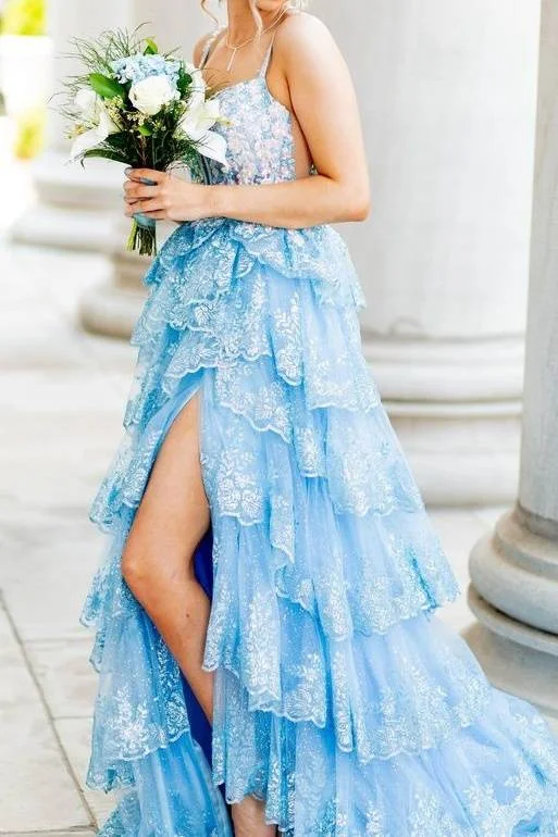 Price Meltdown Blue Straps Sequin Applique Ruffle Prom Dress with Slit