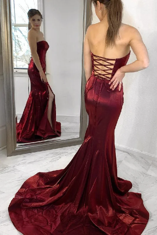 Markdown Madness Strapless Mermaid Lace-Up Burgundy Evening Dress with Slit